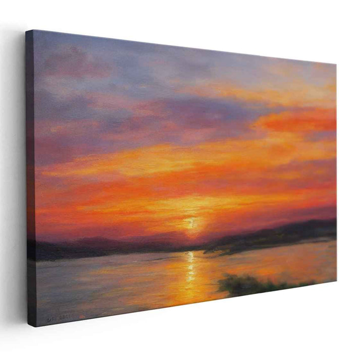 Horizon's Gilded Echo: Serene Reflections Over a Golden Horizon Canvas Art Print