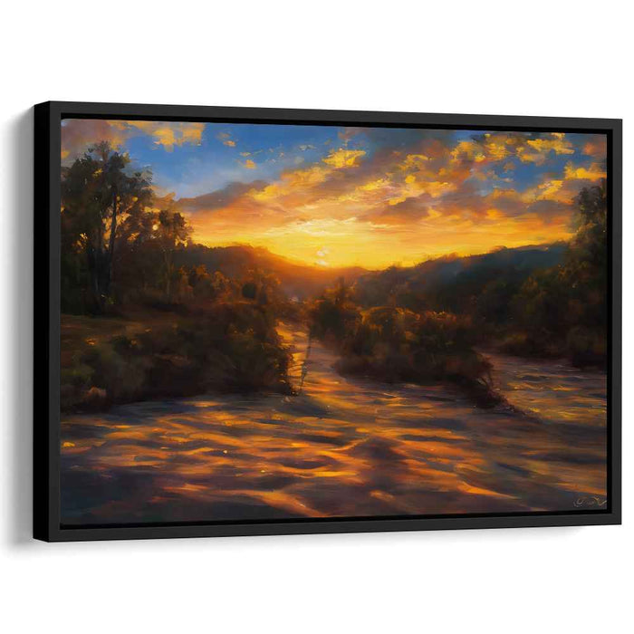 Golden River Sunset: Impressionist Landscape Canvas Art Print