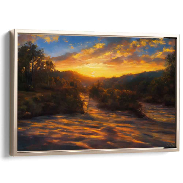 Golden River Sunset: Impressionist Landscape Canvas Art Print
