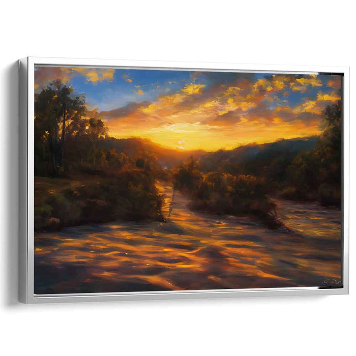 Golden River Sunset: Impressionist Landscape Canvas Art Print
