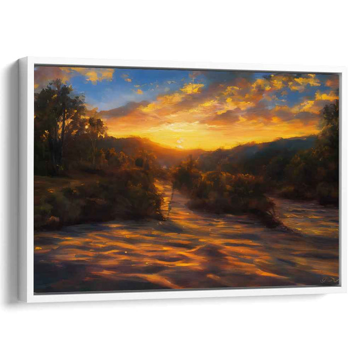 Golden River Sunset: Impressionist Landscape Canvas Art Print