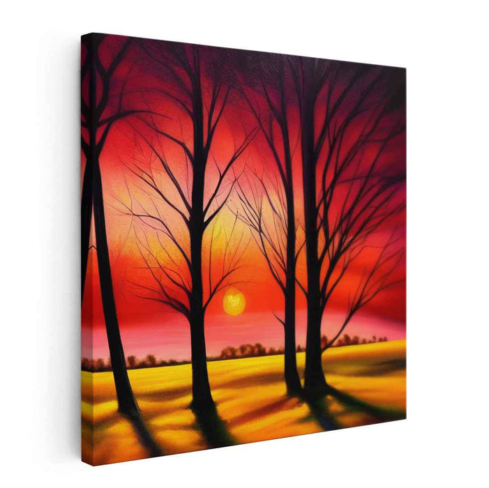 Ethereal Crimson Treetops Dance: A Passionate Twilight Treescape Canvas Art