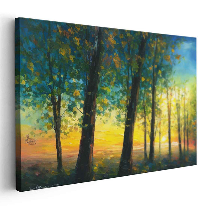 Mystic Woods Awakening: Forest Sunrise Canvas Art Print