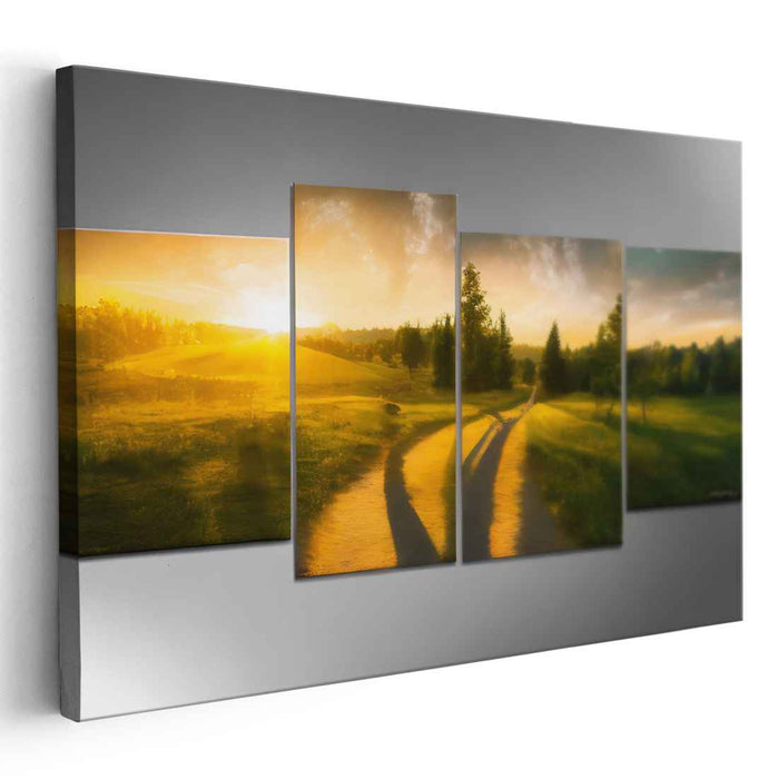 Golden Sunrise Pathway: Luminous Landscape Multi-Panel Canvas Art