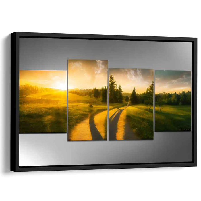 Golden Sunrise Pathway: Luminous Landscape Multi-Panel Canvas Art
