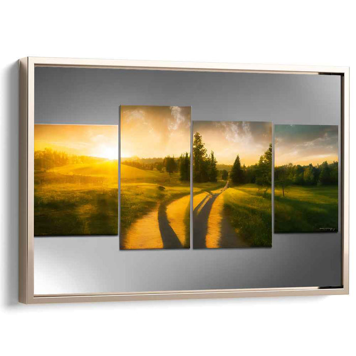 Golden Sunrise Pathway: Luminous Landscape Multi-Panel Canvas Art