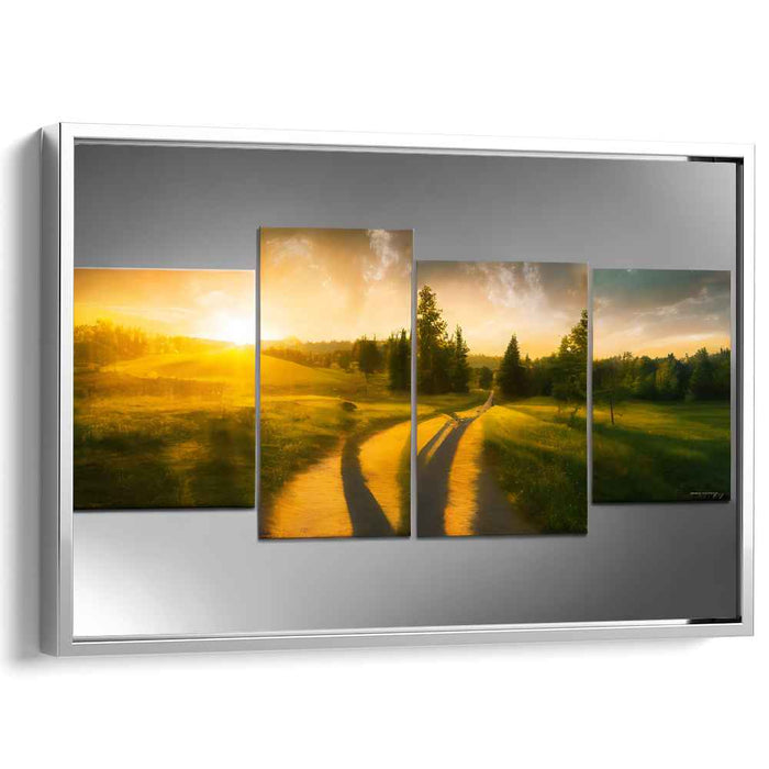 Golden Sunrise Pathway: Luminous Landscape Multi-Panel Canvas Art