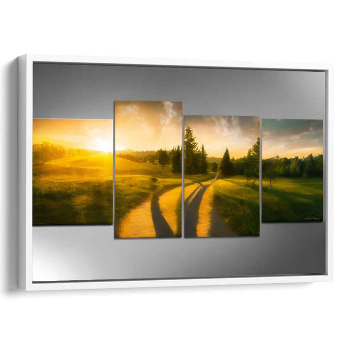 Golden Sunrise Pathway: Luminous Landscape Multi-Panel Canvas Art