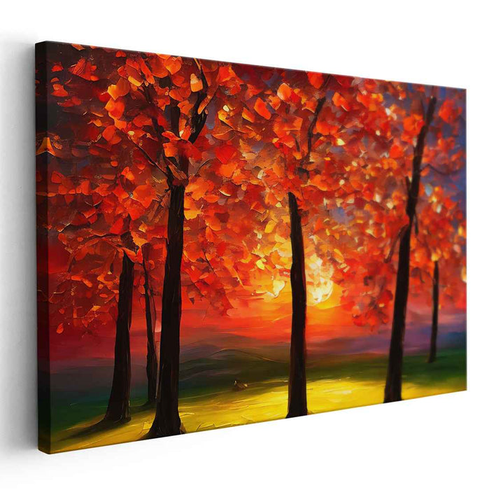 Blaze Through Leaves: Sunset Among Fiery Foliage Canvas Art
