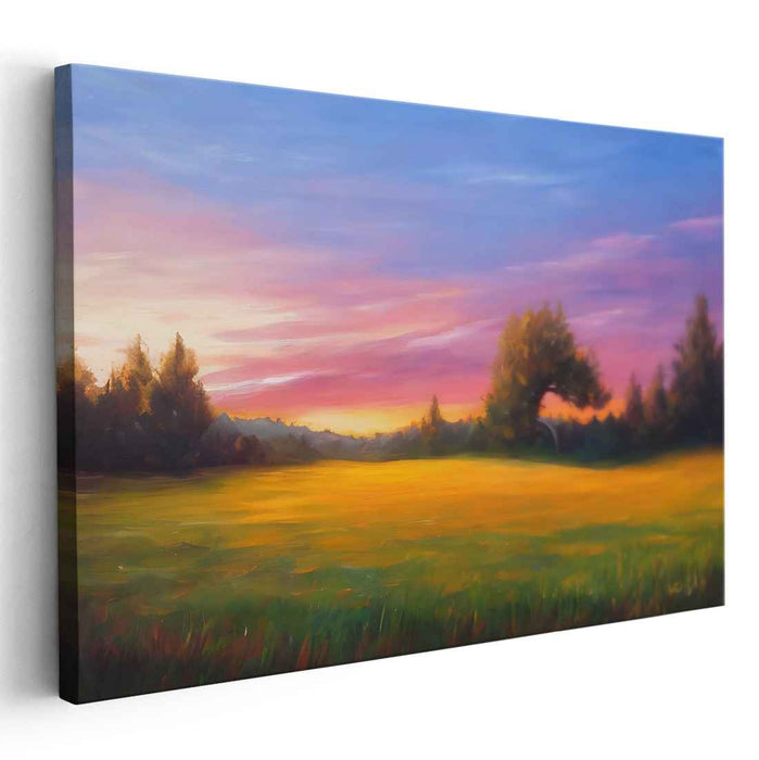 Tranquil Dusk Horizon Bliss Painting: Serene Countryside Sunset Landscape Canvas Art Print