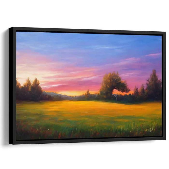 Tranquil Dusk Horizon Bliss Painting: Serene Countryside Sunset Landscape Canvas Art Print