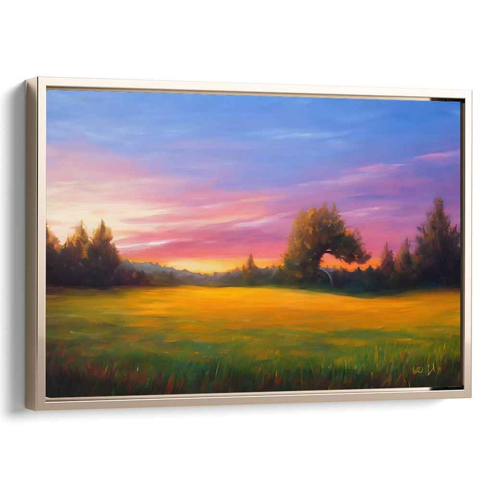 Tranquil Dusk Horizon Bliss Painting: Serene Countryside Sunset Landscape Canvas Art Print