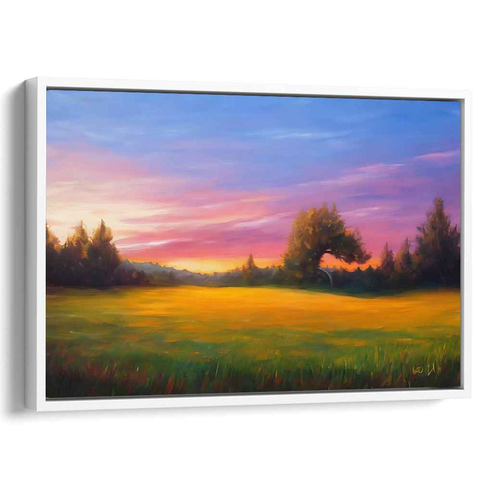 Tranquil Dusk Horizon Bliss Painting: Serene Countryside Sunset Landscape Canvas Art Print