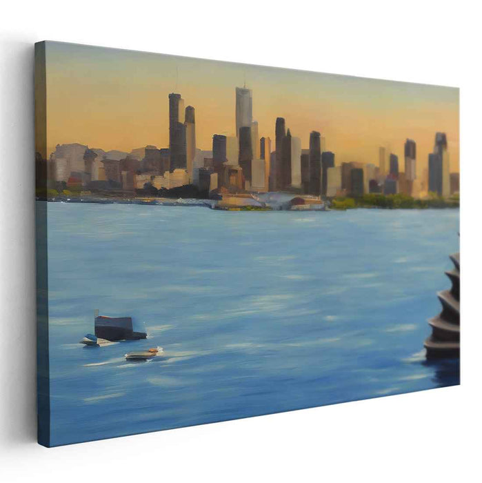 Urban Serenity Reflections: Tranquil Cityscape Over Water Canvas Art Print