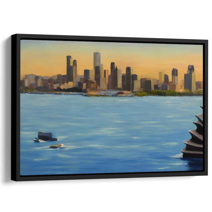 Urban Serenity Reflections: Tranquil Cityscape Over Water Canvas Art Print