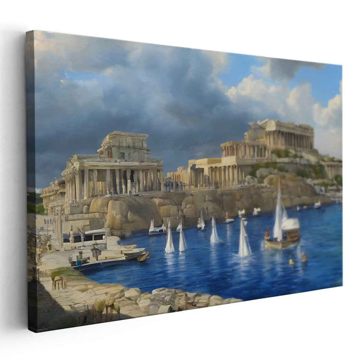 Ethereal Aegean Sundown Symphony: Classical Greek Harbor in Serene Twilight Canvas Art Print