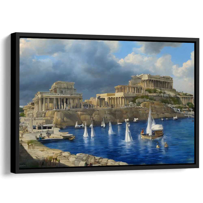 Ethereal Aegean Sundown Symphony: Classical Greek Harbor in Serene Twilight Canvas Art Print