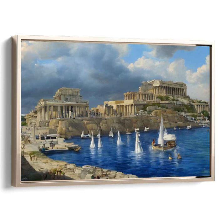 Ethereal Aegean Sundown Symphony: Classical Greek Harbor in Serene Twilight Canvas Art Print