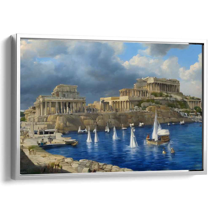 Ethereal Aegean Sundown Symphony: Classical Greek Harbor in Serene Twilight Canvas Art Print