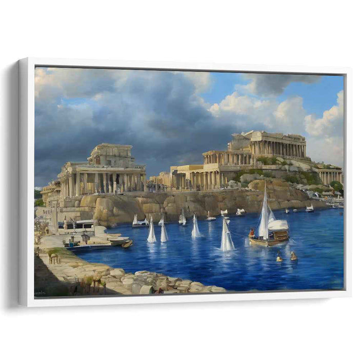 Ethereal Aegean Sundown Symphony: Classical Greek Harbor in Serene Twilight Canvas Art Print