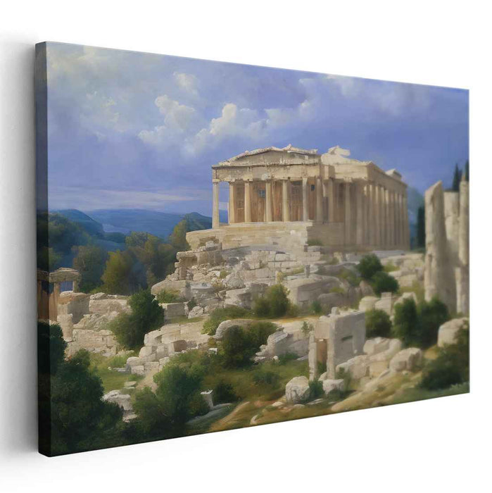 Faded Glory Echoes Forever: Classical Greek Temple in Sunlit Ruins Canvas Art Print