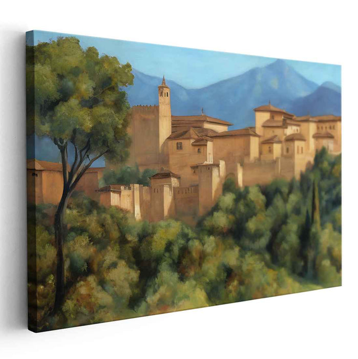 Medieval Stronghold Haven: Realistic Historical Fortress Amidst Verdant Landscapes Canvas Art