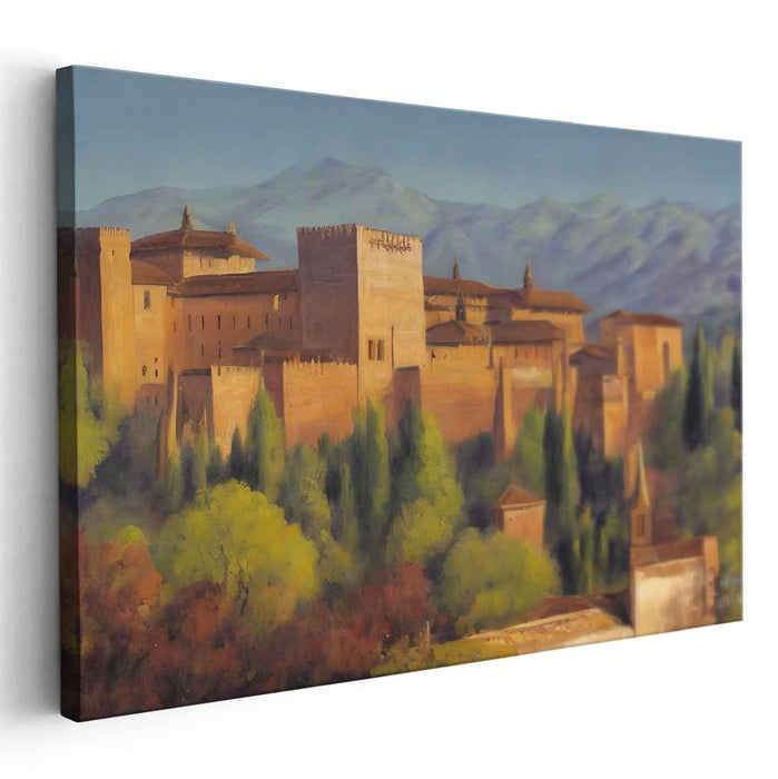 Whispers Among Snowy Peaks: Romantic Alhambra Palace and Sierra Nevada Landscape Canvas Art