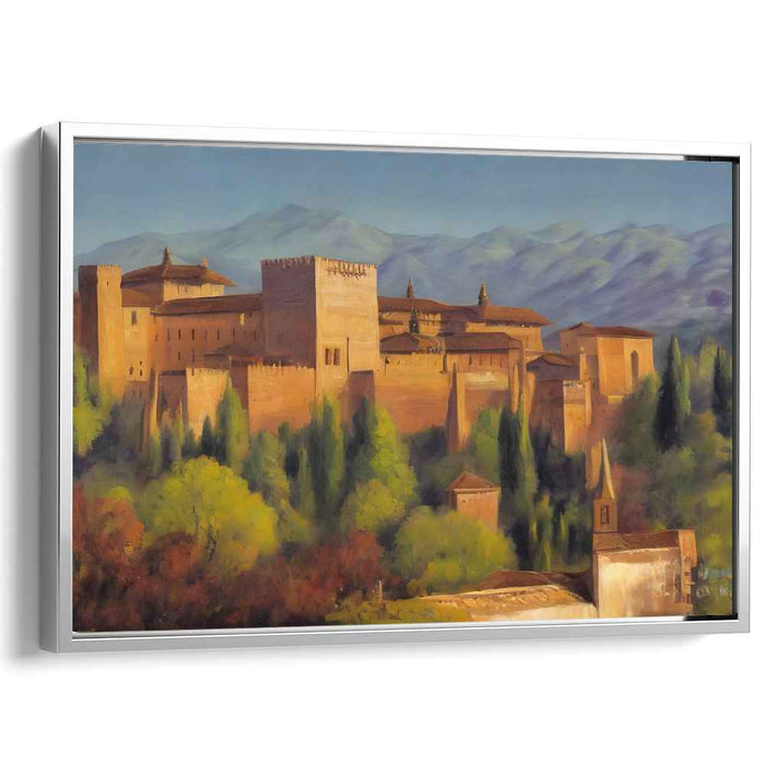 Whispers Among Snowy Peaks: Romantic Alhambra Palace and Sierra Nevada Landscape Canvas Art