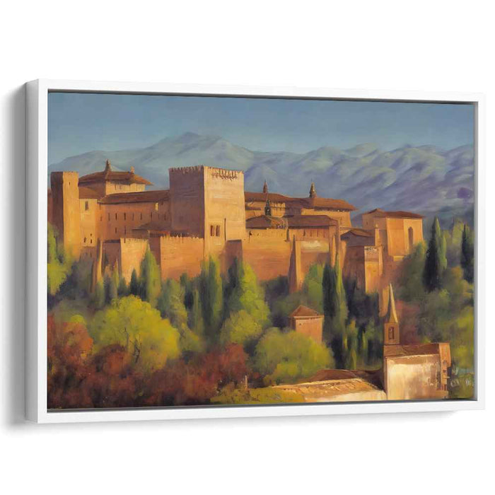 Whispers Among Snowy Peaks: Romantic Alhambra Palace and Sierra Nevada Landscape Canvas Art