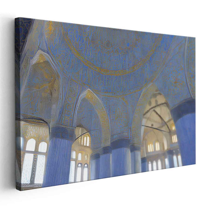 Labyrinthine Golden Horizon: Intricate Blue and Gold Architectural Canvas Art Print