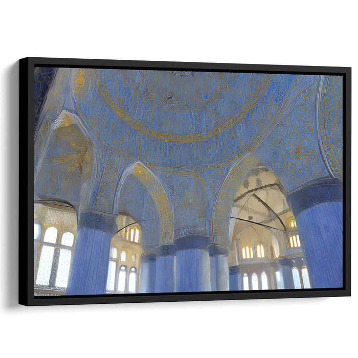 Labyrinthine Golden Horizon: Intricate Blue and Gold Architectural Canvas Art Print