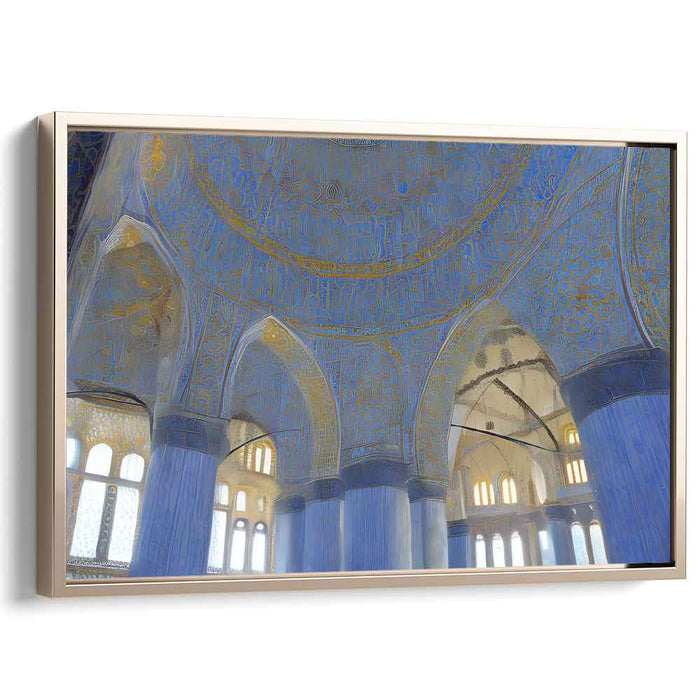 Labyrinthine Golden Horizon: Intricate Blue and Gold Architectural Canvas Art Print