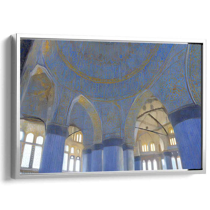 Labyrinthine Golden Horizon: Intricate Blue and Gold Architectural Canvas Art Print