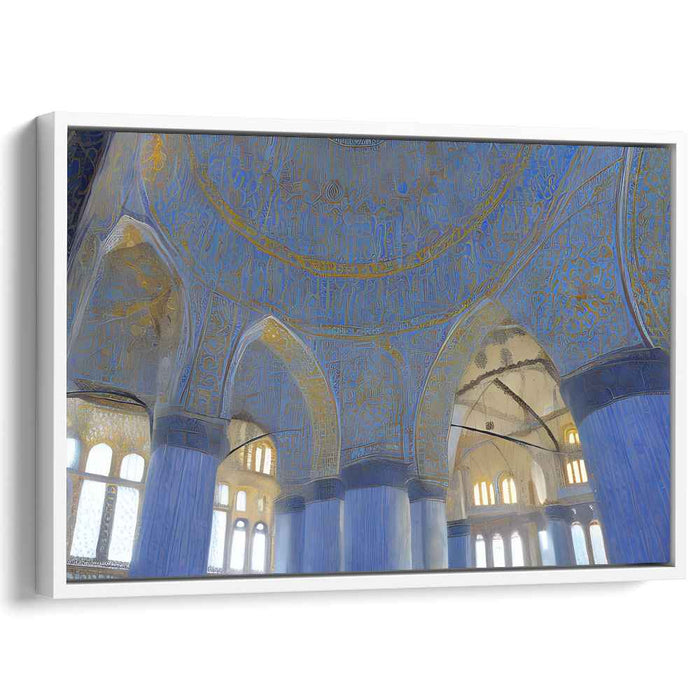 Labyrinthine Golden Horizon: Intricate Blue and Gold Architectural Canvas Art Print