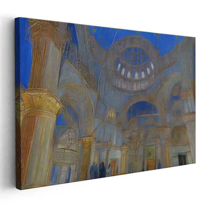 Ethereal Luminosity Chronicles: Visionary Blue and Gold Architectural Canvas Art