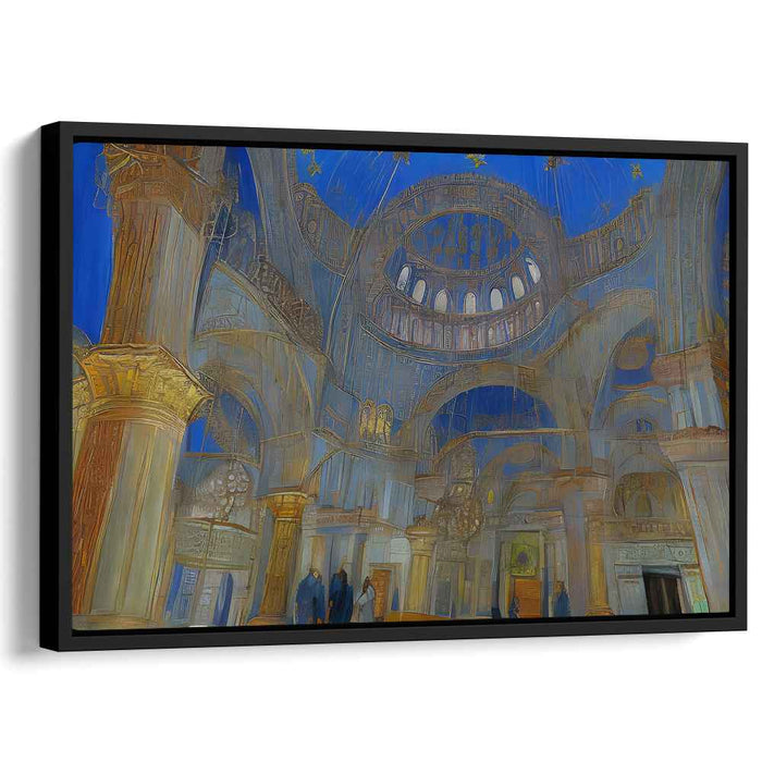 Ethereal Luminosity Chronicles: Visionary Blue and Gold Architectural Canvas Art