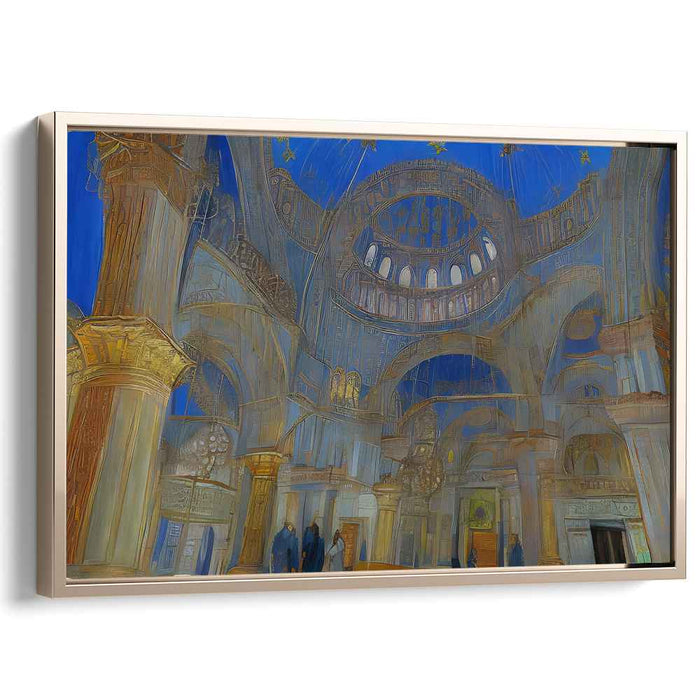 Ethereal Luminosity Chronicles: Visionary Blue and Gold Architectural Canvas Art