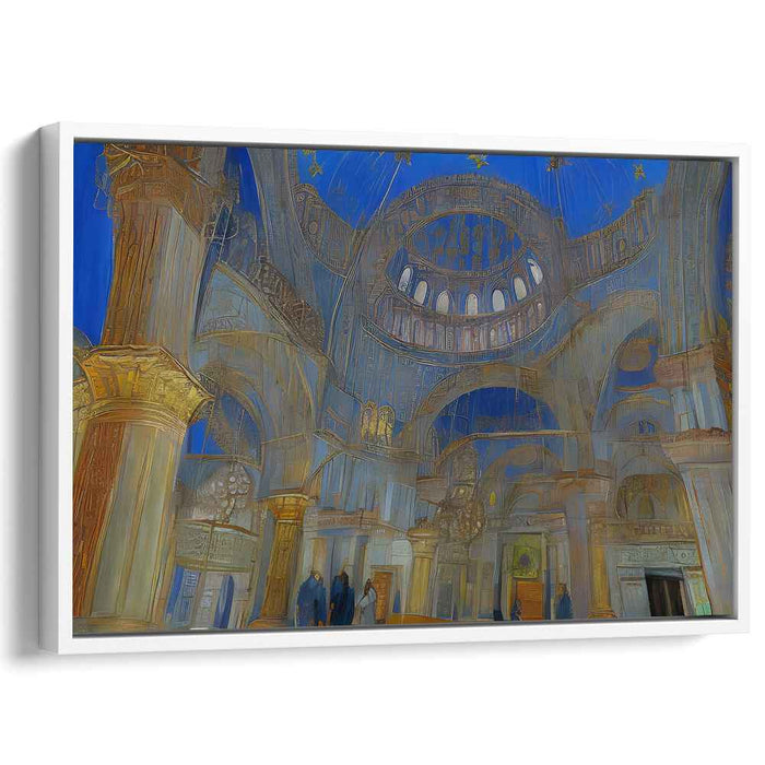 Ethereal Luminosity Chronicles: Visionary Blue and Gold Architectural Canvas Art