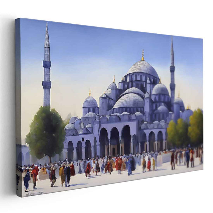 Celestial Night Echoes: The Blue Mosque in Festive Splendor Canvas Art Print