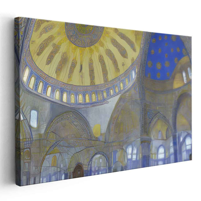 Celestial Echoes Reverie: Majestic Blue and Gold Mosque Interior Canvas Art Print