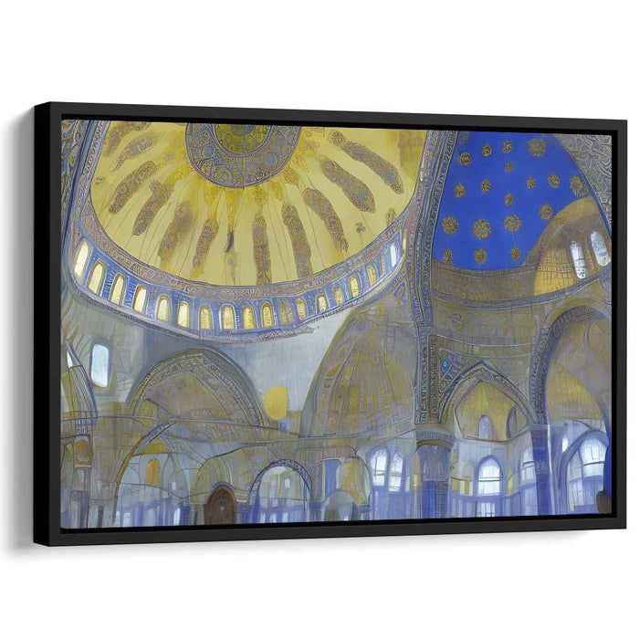 Celestial Echoes Reverie: Majestic Blue and Gold Mosque Interior Canvas Art Print