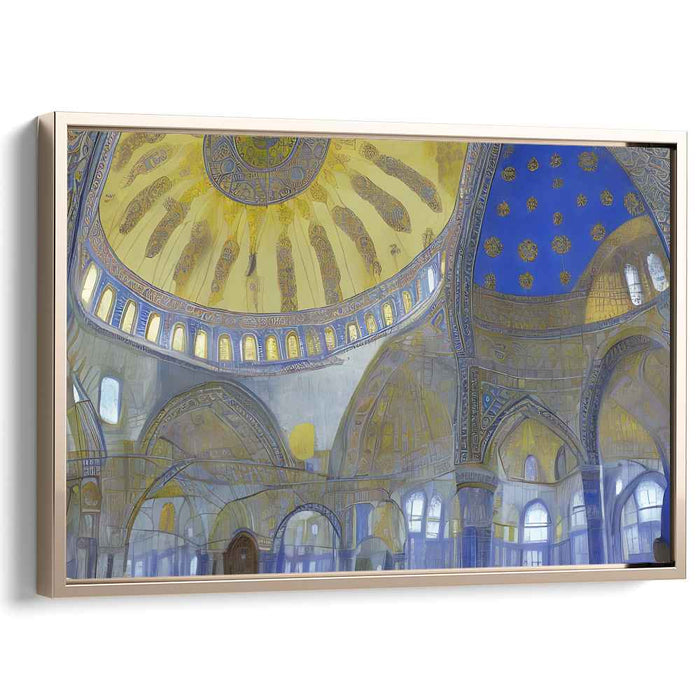 Celestial Echoes Reverie: Majestic Blue and Gold Mosque Interior Canvas Art Print