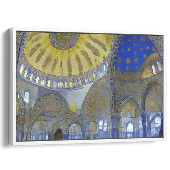 Celestial Echoes Reverie: Majestic Blue and Gold Mosque Interior Canvas Art Print