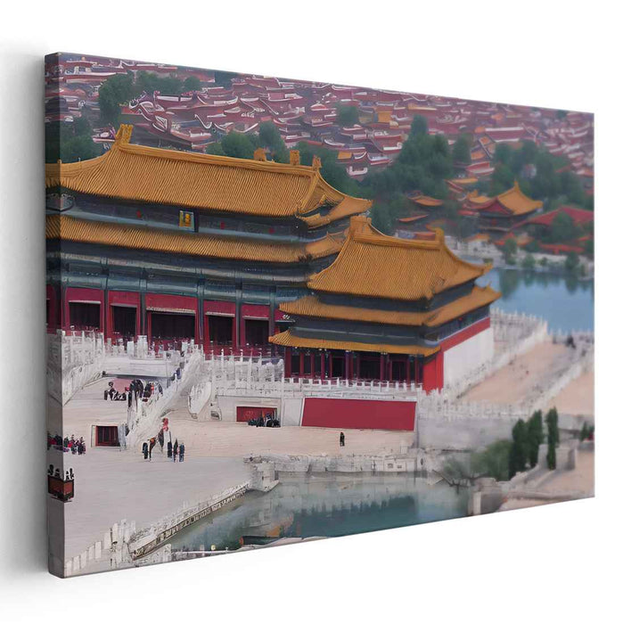 Gilded Skyline Mirage: Aerial View of Historic Palace with Golden Roofs