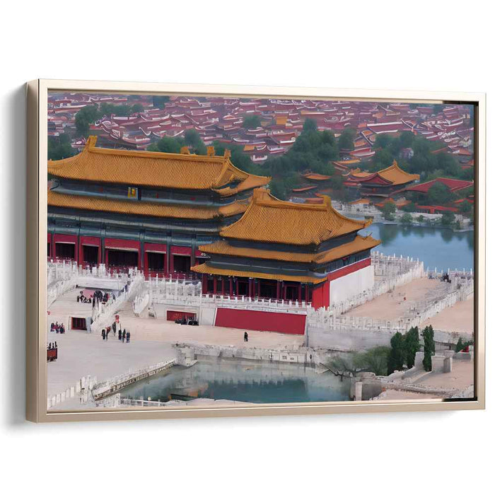 Gilded Skyline Mirage: Aerial View of Historic Palace with Golden Roofs