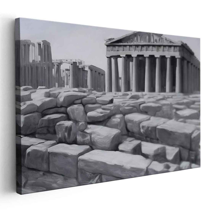 Ancient Pillars Perspective: Monochromatic Greco-Roman Temple Canvas Art Print