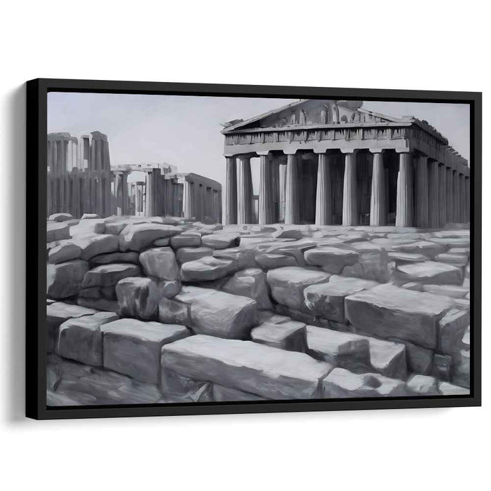 Ancient Pillars Perspective: Monochromatic Greco-Roman Temple Canvas Art Print