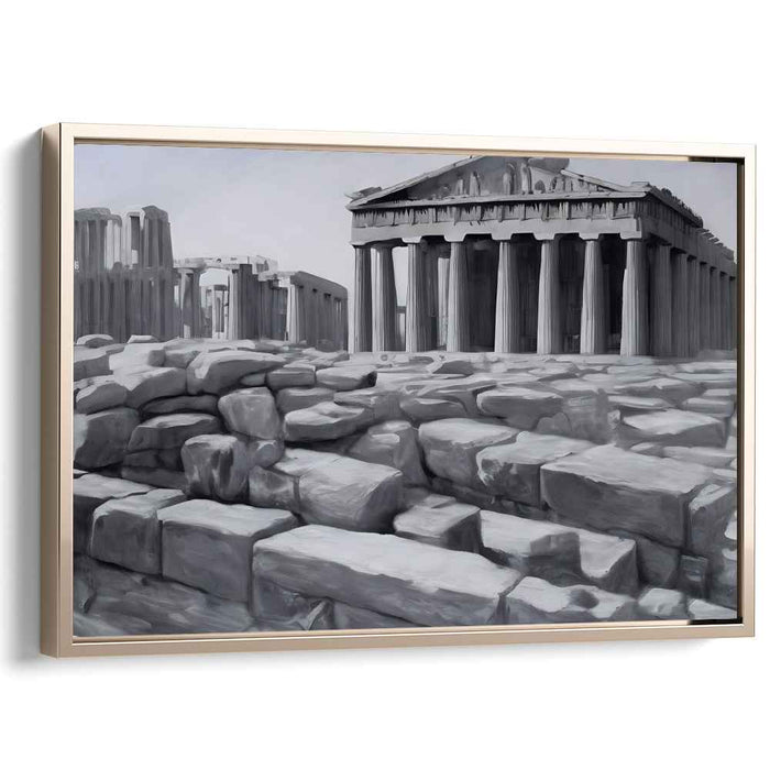 Ancient Pillars Perspective: Monochromatic Greco-Roman Temple Canvas Art Print