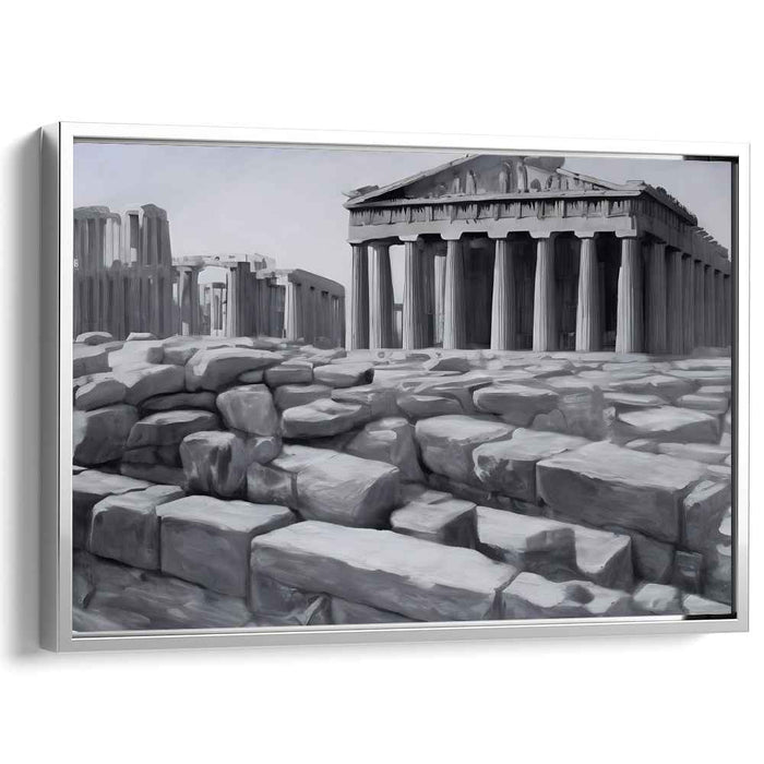 Ancient Pillars Perspective: Monochromatic Greco-Roman Temple Canvas Art Print
