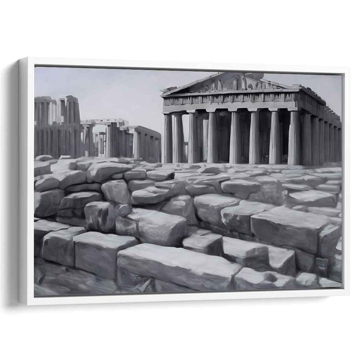 Ancient Pillars Perspective: Monochromatic Greco-Roman Temple Canvas Art Print